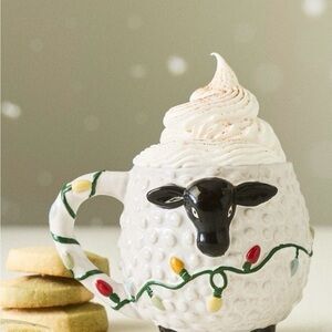 Set of Two Brand New Anthropologie Festive Holiday Sheep Stoneware Mug, 10oz NWT